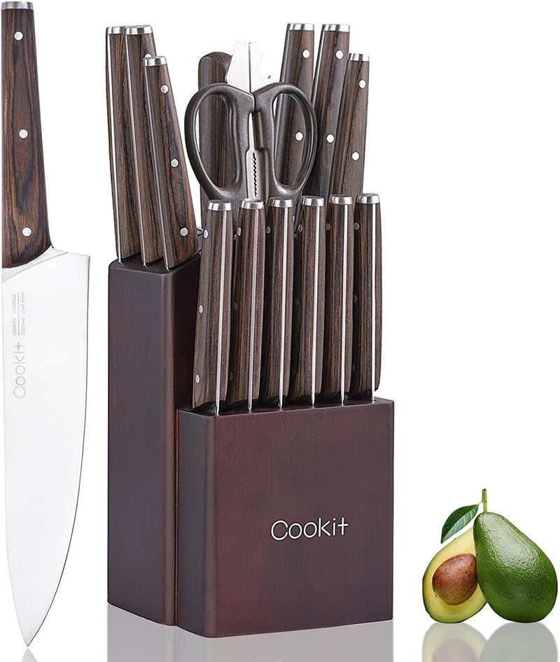 Kitchen Knife Sets, Cookit 15 Piece Knife Sets with Block for Kitchen Chef Knife Stainless Steel Knives Set Serrated Steak Knives with Manual Sharpener Knife Home & Garden > Kitchen & Dining > Kitchen Tools & Utensils > Kitchen Knives Cookit Wooden handle  