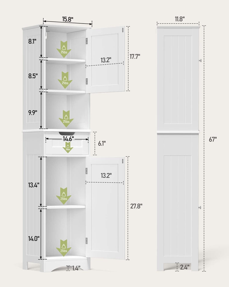 Gizoon 67" H Bathroom Storage Cabinet Organizer W/ 2 Doors & 1 Drawer, Tall Slim Freestanding Linen Tower W/Adjustable Shelves for Home, Versatile, Anti-Tipping-White Home & Garden > Household Supplies > Storage & Organization Gizoon   