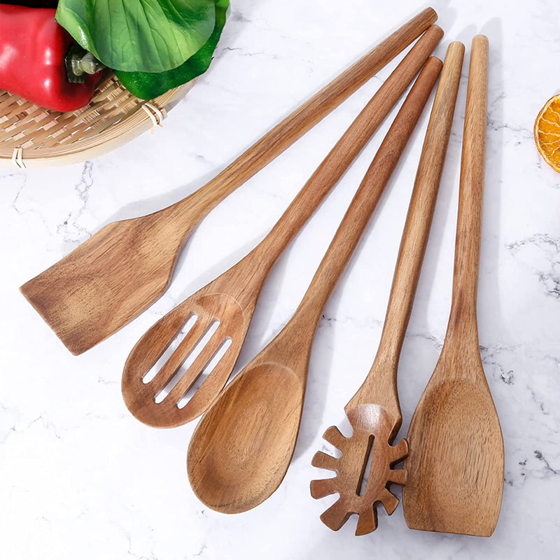 Exquisite Wooden Cooking Utensils for Kitchen, Set of 5, 12 Inch Acacia Wood Kitchenware Tool Set, Cooking Gadgets Includes Spoon, Spoon Spatula, Spaghetti Spoon, Slotted Spoon, Shovel Home & Garden > Kitchen & Dining > Kitchen Tools & Utensils Decent Vrvege Acacia Spoon Set of 5  