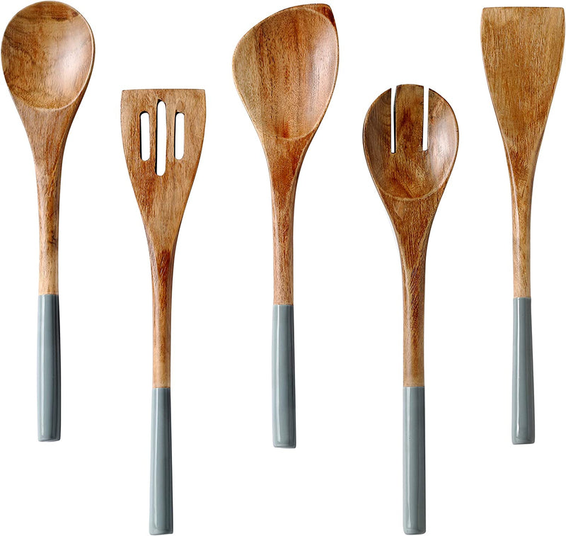 Folkulture Wooden Spoons for Cooking Set for Kitchen, Non Stick Cookware Tools or Utensils Includes Wooden Spoon, Spatula, Fork, Slotted Turner, Corner Spoon, Set of 5, 12 Inch, Acacia Wood, White Home & Garden > Kitchen & Dining > Kitchen Tools & Utensils Folkulture Gray  