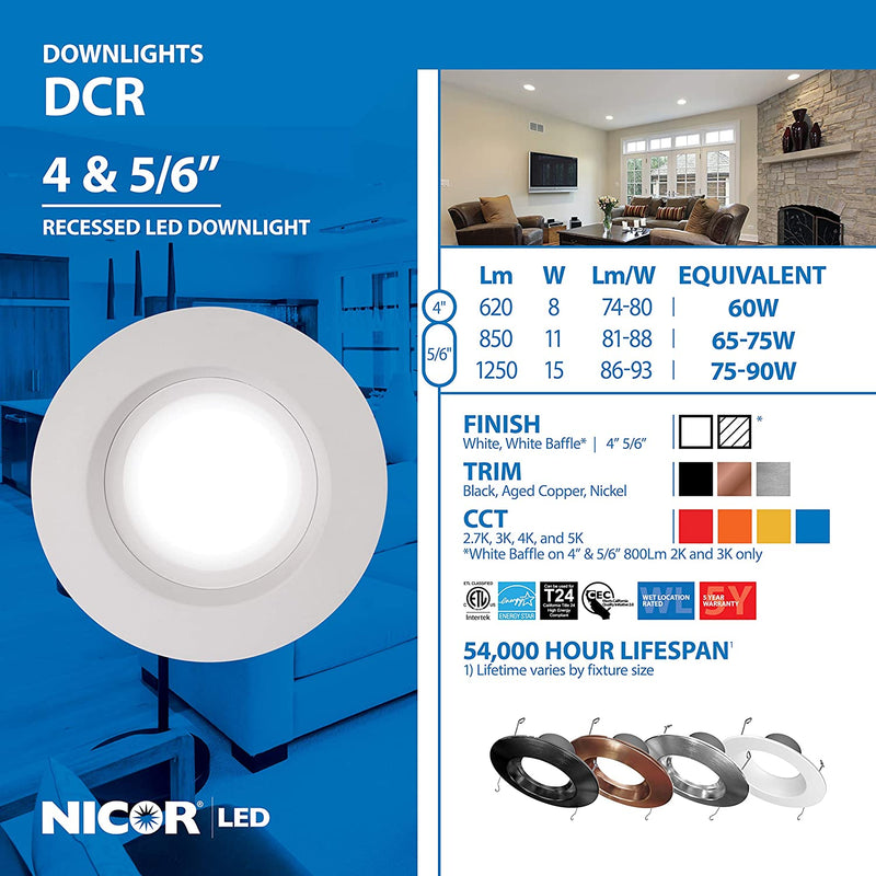 NICOR Lighting DCR562121204KWH Dcr56(V2) High-Output 1200 Lumen Recessed LED Downlight, 5/6, White