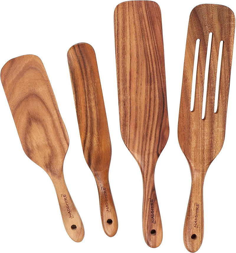 NADDHIRE Natural Teak Wood Spurtle Set of 4 Pcs | Spurtles Kitchen Tools as Seen on Tv | Wooden Utensils for Cooking, Stirring, Mixing and Serving Food