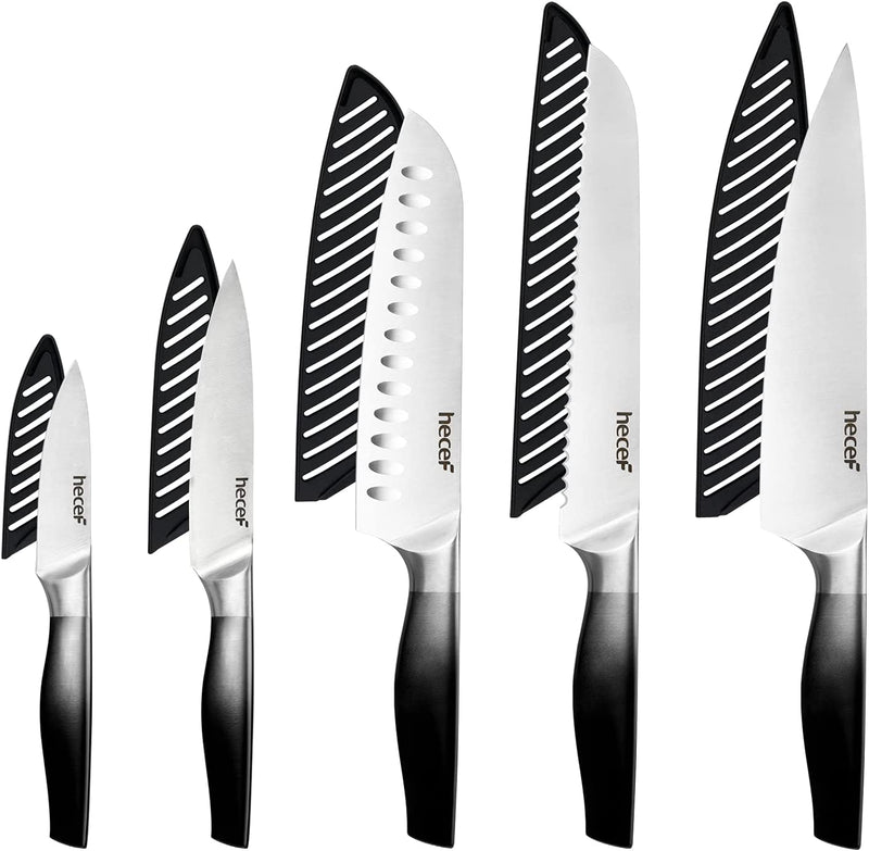Hecef Gradient Black Kitchen Knife Set of 5, Chef Knife Set with Satin Finished Blade & Hollow Handle & Protective Sheaths, Includes Chef, Santoku, Bread, Utility & Paring Knife Home & Garden > Kitchen & Dining > Kitchen Tools & Utensils > Kitchen Knives hecef Gradient Black  