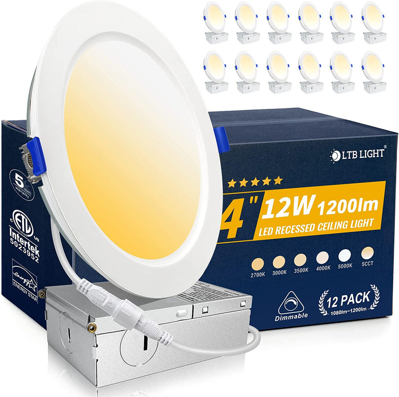 12 Pack 12W 1200LM 4 Inch Recessed Lighting with Junction Box,Eqv.150W,5000K,Retrofit Recessed Light, Dimmable, Ultra-Thin LED Can Lights,Canless Wafer Downlight -ETL & Energy Star Certified Home & Garden > Lighting > Flood & Spot Lights LTBLIGHT 4000k - Cool White 4 Inch 12W 