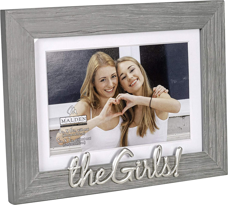 Malden International Designs 4X6 or 5X7 the Girls! Distressed Expressions Picture Frame Silver Finish the Girls! Word Attachment Gray Textured Wood Grain Finish MDF Frame White Beveled Mat Home & Garden > Decor > Picture Frames Malden International Designs   