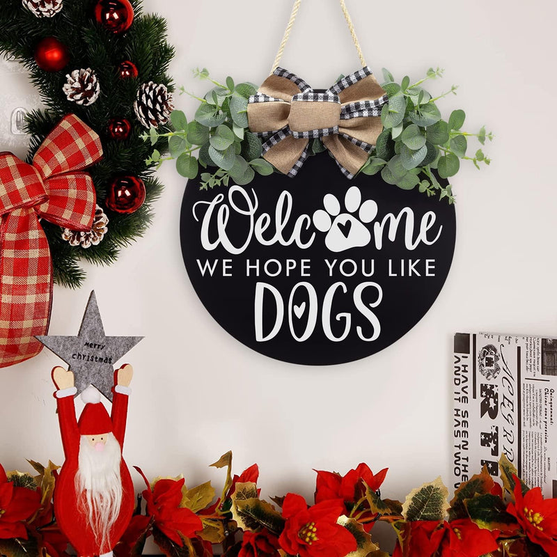 Welcome We Hope You like Dogs Farmhouse Door Sign for Front Door Porch Decor with Eucalyptus Leaves & Buffalo Bow - Welcome Wreath Sign Hanging for Dogs Lovers Christmas Decoration Housewarming Gift Home & Garden > Decor > Seasonal & Holiday Decorations Asoulin   