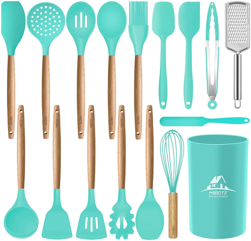 MIBOTE 17 Pcs Silicone Cooking Kitchen Utensils Set with Holder, Wooden Handles Cooking Tool BPA Free Turner Tongs Spatula Spoon Kitchen Gadgets Set for Nonstick Cookware (Teal) Home & Garden > Kitchen & Dining > Kitchen Tools & Utensils MIBOTE 2-Teal  