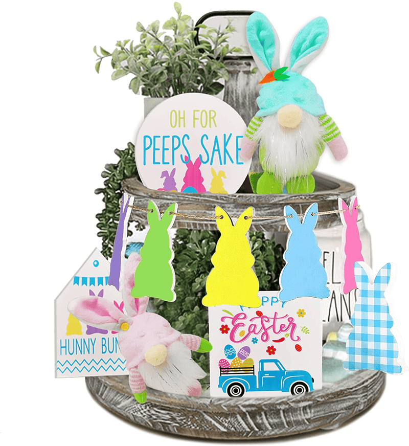 11 Pcs Easter Decorations for Tiered Tray, Farmhouse Rustic Tiered Tray Items with Easter Gnomes Bunny Plush Ladder Decor for Spring Indoor Home Table Party Office Decoration Home & Garden > Decor > Seasonal & Holiday Decorations AWEIR   