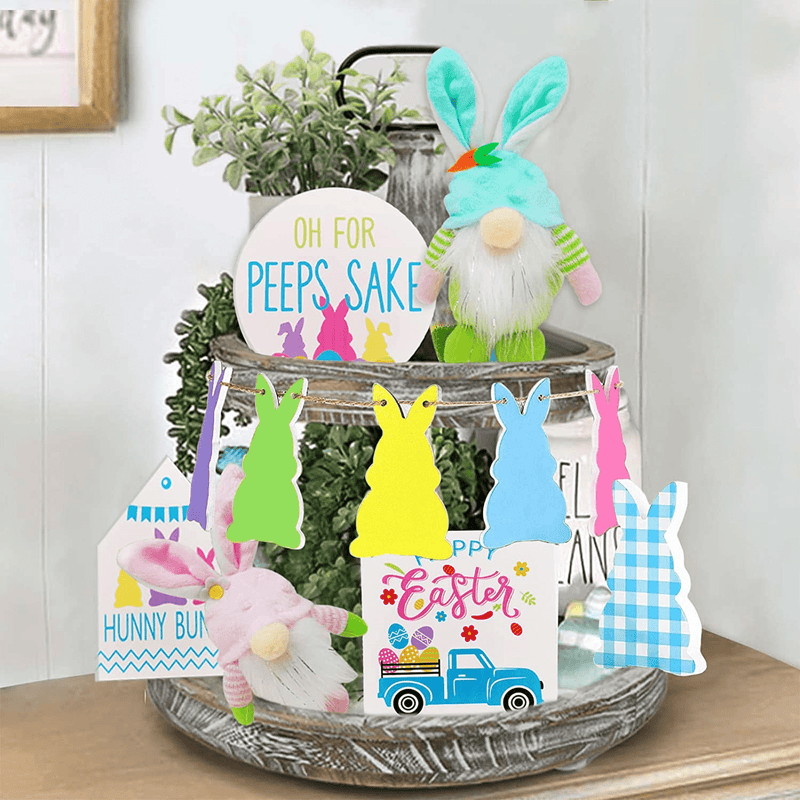 11 Pcs Easter Decorations for Tiered Tray, Farmhouse Rustic Tiered Tray Items with Easter Gnomes Bunny Plush Ladder Decor for Spring Indoor Home Table Party Office Decoration Home & Garden > Decor > Seasonal & Holiday Decorations AWEIR   