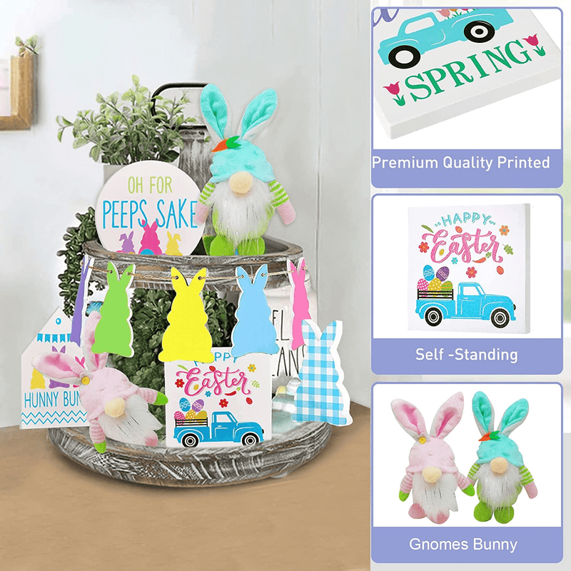 11 Pcs Easter Decorations for Tiered Tray, Farmhouse Rustic Tiered Tray Items with Easter Gnomes Bunny Plush Ladder Decor for Spring Indoor Home Table Party Office Decoration
