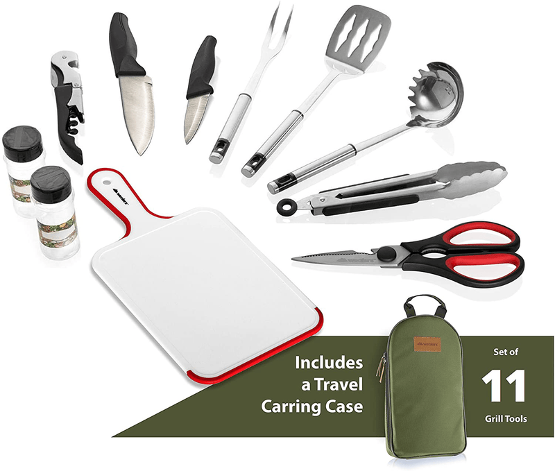 11 Piece Camp Kitchen Cooking Utensil Set Travel Organizer Grill Accessories Portable Compact Gear for Backpacking BBQ Camping Hiking Travel Cookware Kit Water Resistant Case