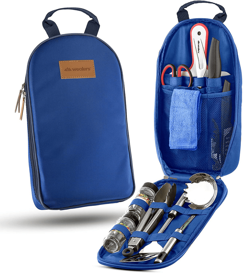 11 Piece Camp Kitchen Cooking Utensil Set Travel Organizer Grill Accessories Portable Compact Gear for Backpacking BBQ Camping Hiking Travel Cookware Kit Water Resistant Case Sporting Goods > Outdoor Recreation > Camping & Hiking > Camping Tools Wealers Blue  