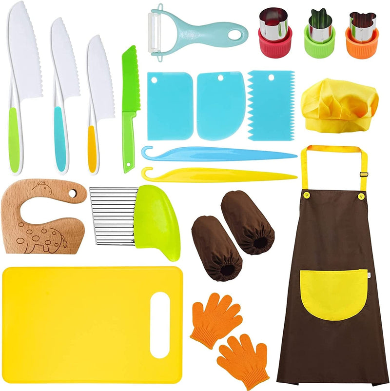 11 Pieces Wooden Kids Kitchen Knife, Kids Knife Set Include Wood Kids Safe Knife, Serrated Edges Plastic Toddler Knife, Crinkle Cutter, Sandwich Cutter, Y Peeler, Cutting Board (Crocodile)