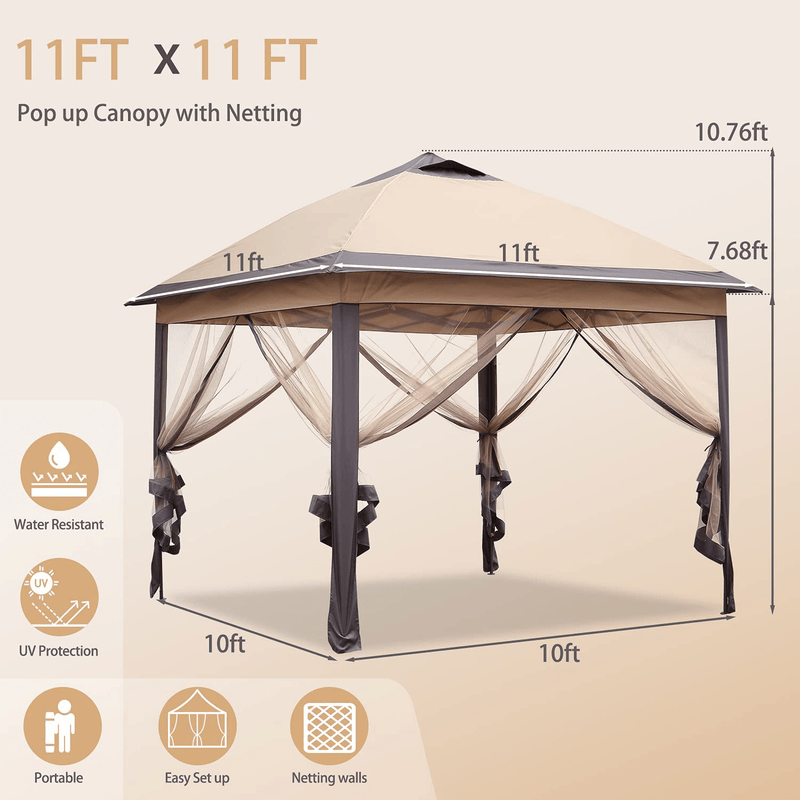 11'x11' Patio Gazebo 2-Tier Outdoor Pop up Canopy Tent with Netting Sidewalls Brown Home & Garden > Lawn & Garden > Outdoor Living > Outdoor Structures > Canopies & Gazebos outdoor basic   