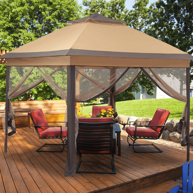 11'x11' Patio Gazebo 2-Tier Outdoor Pop up Canopy Tent with Netting Sidewalls Brown Home & Garden > Lawn & Garden > Outdoor Living > Outdoor Structures > Canopies & Gazebos outdoor basic   