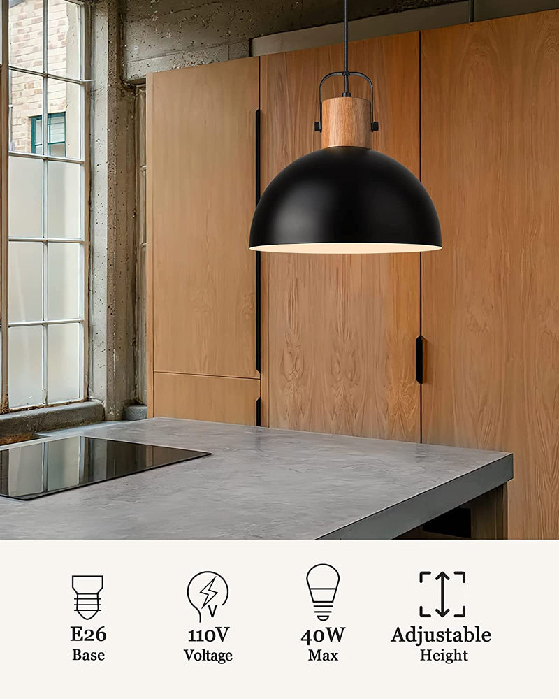 ELYONA Modern Pendant Light for Kitchen Island 12" Wood Dome Hanging Lamp with Matte Black Metal Shade Adjustable Industrial Pendant Light Fixtures for Farmhouse Dining Room Bar Living Room Hollway Home & Garden > Lighting > Lighting Fixtures ELYONA   