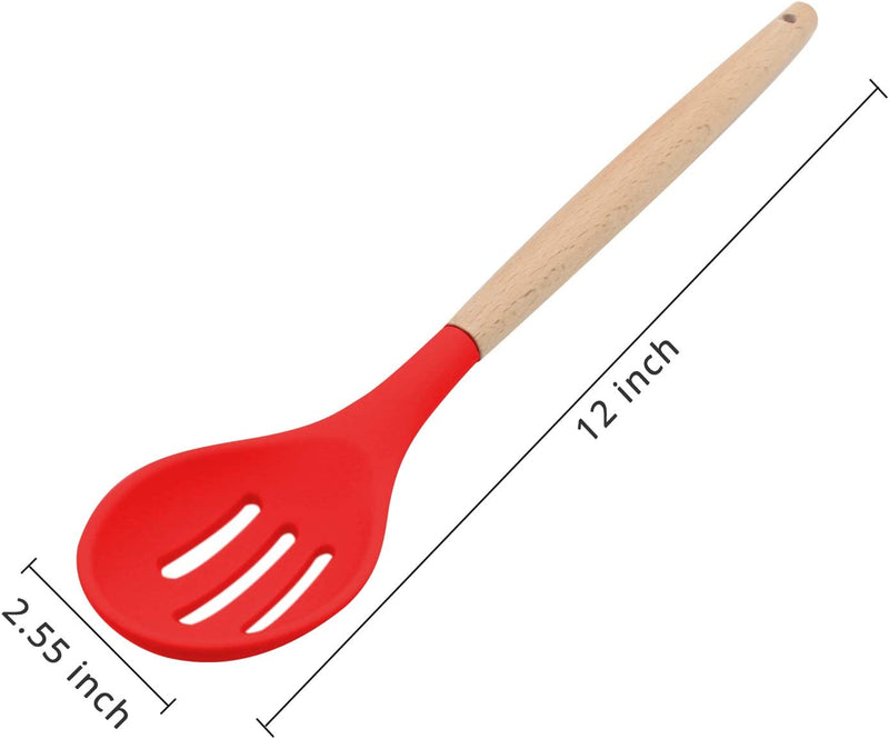 KUFUNG Silicone Slotted Serving Spoon, Wooden Handle Nonstick Mixing Spoon, Heat Resistant up to 480°F. Silicone Kitchen Cooking Utensils Non-Stick Tool for Draining & Serving (Red) Home & Garden > Kitchen & Dining > Kitchen Tools & Utensils KUFUNG   