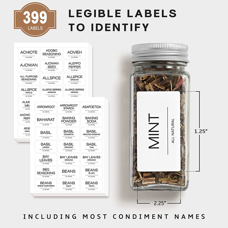 NETANY 25 Pcs Spice Jars with Label - Minimalist Spice Bottle, Glass Jars with Lids, Rustic Farmhouse Spice Labels Stickers, Collapsible Funnel, 4Oz Spice Containers, Seasoning Storage Bottles for Spice Rack, Cabinet, Drawer
