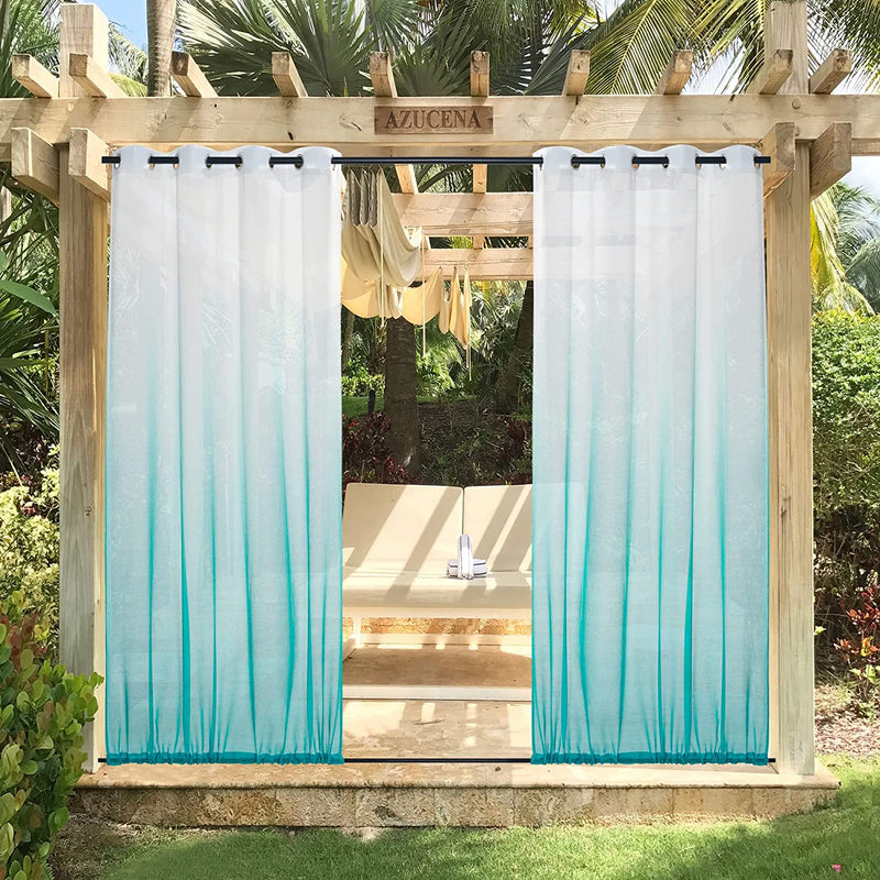 NICETOWN 2 Panels Waterproof White & Turquoise Ombre Outdoor Sheer Patio Curtains, Rustproof Grommet Linen Vertical Drapes Semi Sheer for Pool / Cabana, W54 X L84 Home & Garden > Decor > Window Treatments > Curtains & Drapes NICETOWN Turquoise W54 x L96 | 2 PCs 