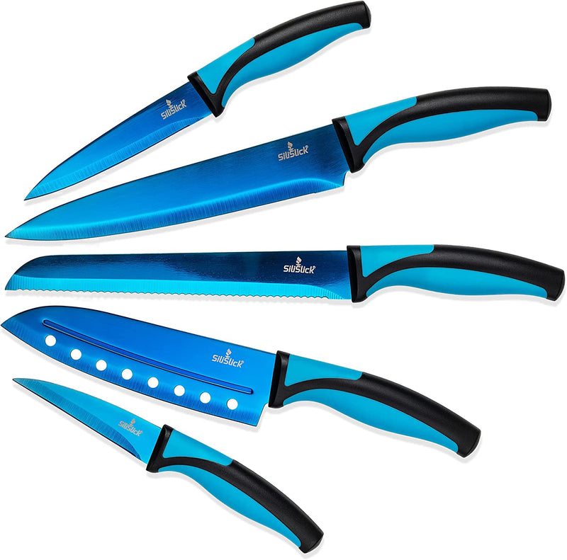 Titanium Coated Rainbow Knife Set - Sharp Stainless Steel Knives Set with Kitchen Utility Knife, Santoku, Bread, Chef, & Paring Knives with Covers - Iridescent Kitchen Accessories - Silislick Home & Garden > Kitchen & Dining > Kitchen Tools & Utensils > Kitchen Knives SiliSlick Blue Handle | Blue Blade  