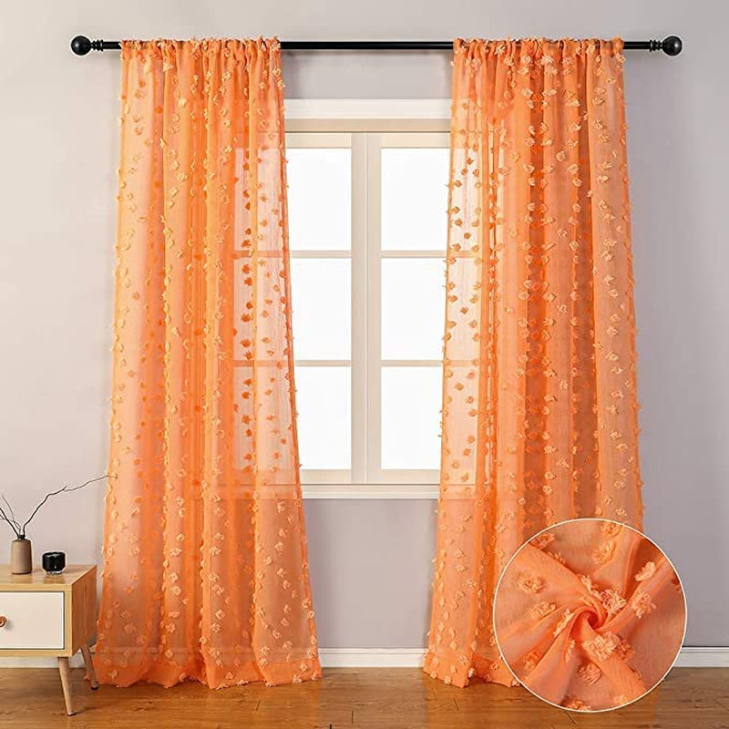 MYSKY HOME Pink Pom Pom Sheer Curtains for Bedroom Light Filtering Semi-Sheer Curtains for Nursery Girls Kids Room Rod Pocket Boho Voile Window Draperies Pink 38 X 45 Inch 2 Panels Home & Garden > Decor > Window Treatments > Curtains & Drapes MYSKY HOME Orange 38W x 84L 
