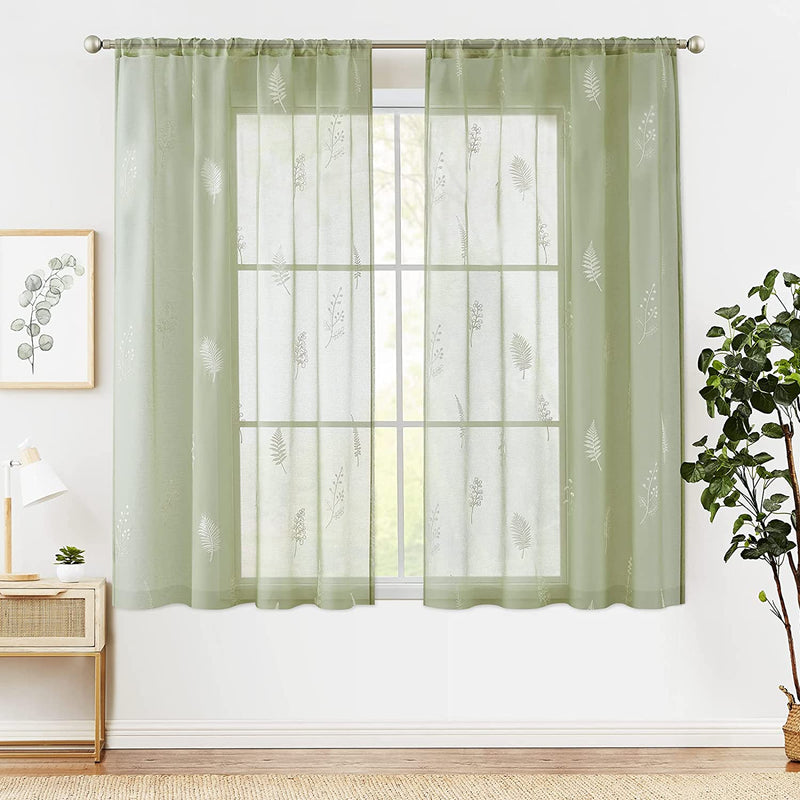 JINCHAN Sheer Embroidered Curtains for Living Room 84 Inch Length 2 Panels Leaf Pattern Voile for Bedroom Botanical Design Rod Pocket Top Window Treatments Sheers for Kitchen White on Taupe Home & Garden > Decor > Window Treatments > Curtains & Drapes CKNY HOME FASHION Herb Green 63"L 