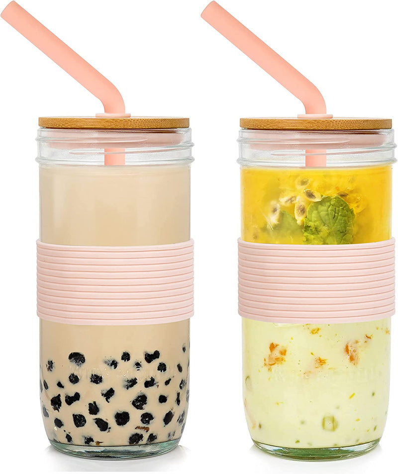 Mason Jar with Lid and Straw, ANOTION 32Oz Wide Mouth Boba Cup Reusable Drinking Glasses Tumbler Smoothie Water Bottles for Iced Coffee Margaritas Ice Cream Juice Cocktail Travel Office Home Home & Garden > Kitchen & Dining > Tableware > Drinkware ANOTION 2 Jars: Upgrade Bamboo Lid+Pink Silicone Straw  