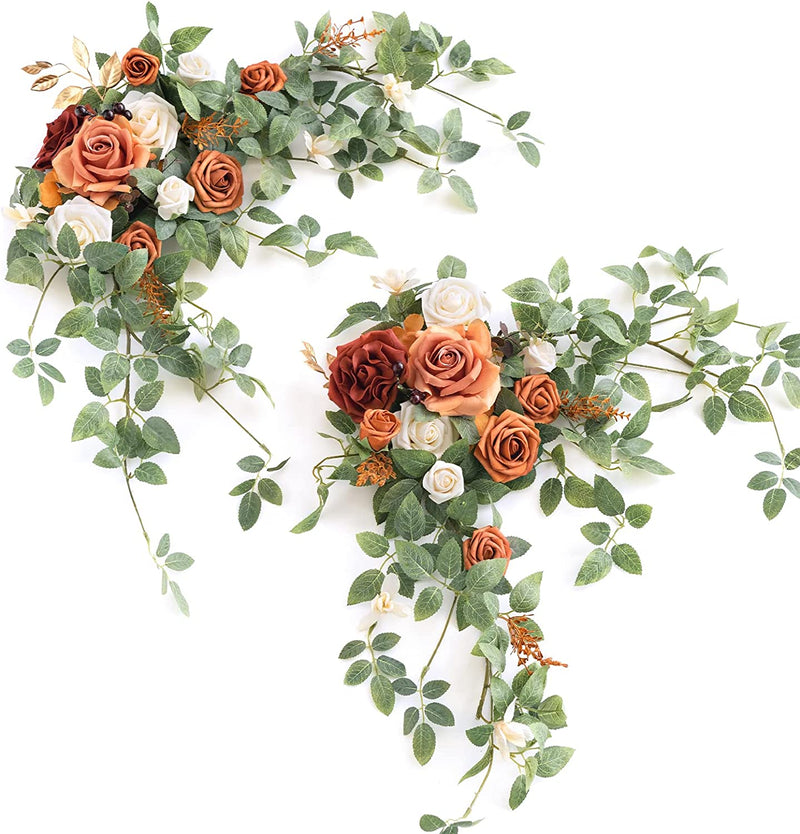 Ling'S Moment 2PCS Artificial Floral Swags Centerpieces, Wedding Flower Greenery Arrangements for Sweetheart/Head Table Decor Wedding Car Wall Window Arch Home Garden Decor | Rust & Sepia  Ling's Moment Sunset Terracotta  