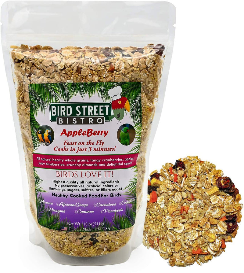 Bird Street Bistro Parrot Food - Parakeet Food - Cockatiel Food - Bird Food - Cooks in 3-15 Min W/ Natural & Organic Grains - Legumes - Non-Gmo Fruits, Vegetables, & Healthy Spices Animals & Pet Supplies > Pet Supplies > Bird Supplies > Bird Food Bird Street Bistro AppleBerry 1.12 Pound (Pack of 1) 