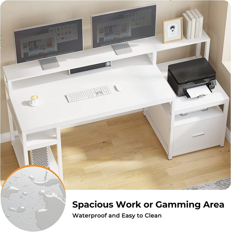 SEDETA Computer Desk with File Cabinet Drawer and Storage Shelves, 66'' Large Home Office Desk with Hutch and Printer Shelf, Computer Table Study Writing Desk Workstation with Monitor Shelf, White Home & Garden > Household Supplies > Storage & Organization SEDETA   