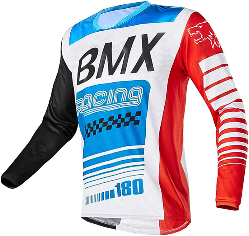 Men'S Mountain Bike Shirts Long Sleeve MTB Off-Road Motocross Jersey Quick Dry&Moisture-Wicking Sporting Goods > Outdoor Recreation > Cycling > Cycling Apparel & Accessories Wisdom Leaves Color3/Red-white X-Large 