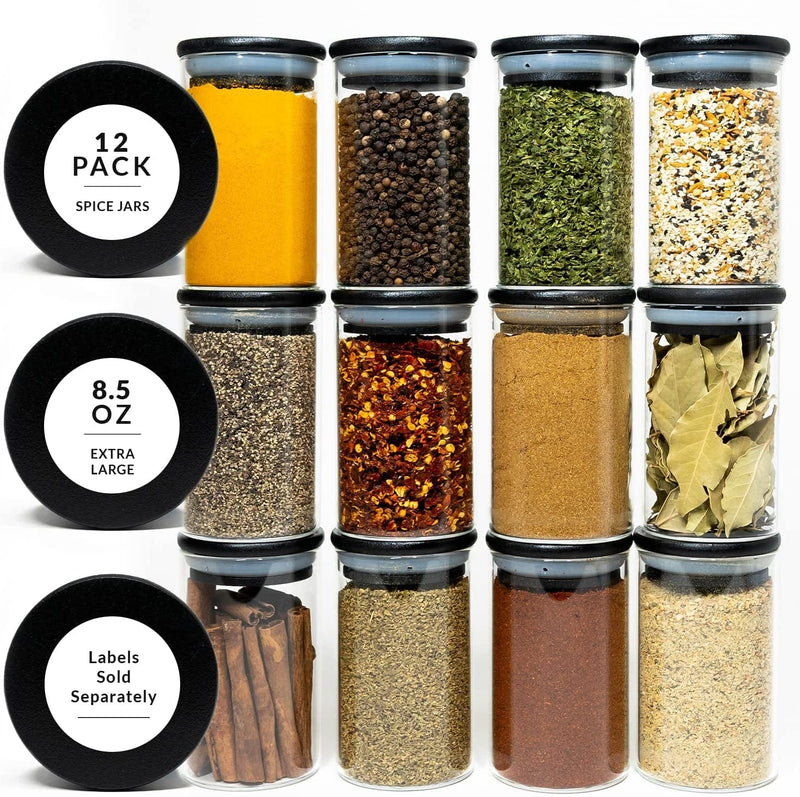 12 Black Bamboo Spice Jars 8.5 OZ - Large Glass Spice Jars with Bamboo Lids - Seasoning Jars with Airtight Lids - Spice Container Set for Spice Jar Labels - Empty Spice Bottles Storage Jars with Lids