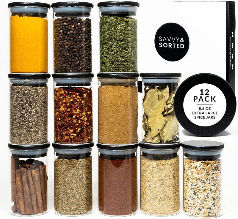 12 Black Bamboo Spice Jars 8.5 OZ - Large Glass Spice Jars with Bamboo Lids - Seasoning Jars with Airtight Lids - Spice Container Set for Spice Jar Labels - Empty Spice Bottles Storage Jars with Lids