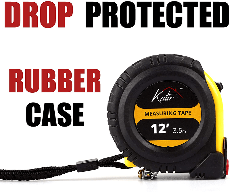 12 Foot Measuring Tape Measure by Kutir - Easy to Read Both Side Dual Ruler, Retractable, Heavy Duty, Magnetic Hook, Metric, Inches and Imperial Measurement, Shock Absorbent Rubber Case