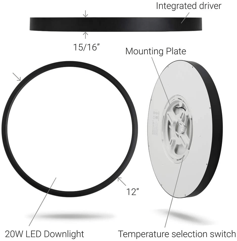 12 Inch 20W Flush Mount LED Ceiling Light, 2000 LM, round Flush Mount Ceiling Lamp Fixture for Bedroom, Living, Kitchen, Hallway, Bathroom, Stairwell, Color Black, Slim, 3 Colors in 1(Non Dimmable)