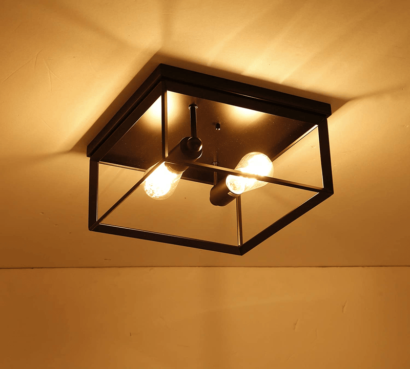 12 Inch Industrial Flush Mount Ceiling Light Fixture,2-Light Caged Square Ceiling Lamp,Modern Farmhouse Style for Hallway,Living Room,Bedroom, Kitchen, Porch,Laundry Room Black Finish Home & Garden > Lighting > Lighting Fixtures > Ceiling Light Fixtures KOL DEALS   
