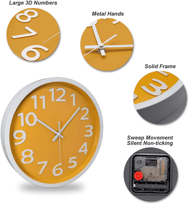12 Inch Modern Wall Clock Silent Non-Ticking Battery Operated 3D Numbers Bright Color Dial Face Wall Clock for Home/Office Decor,Yellow
