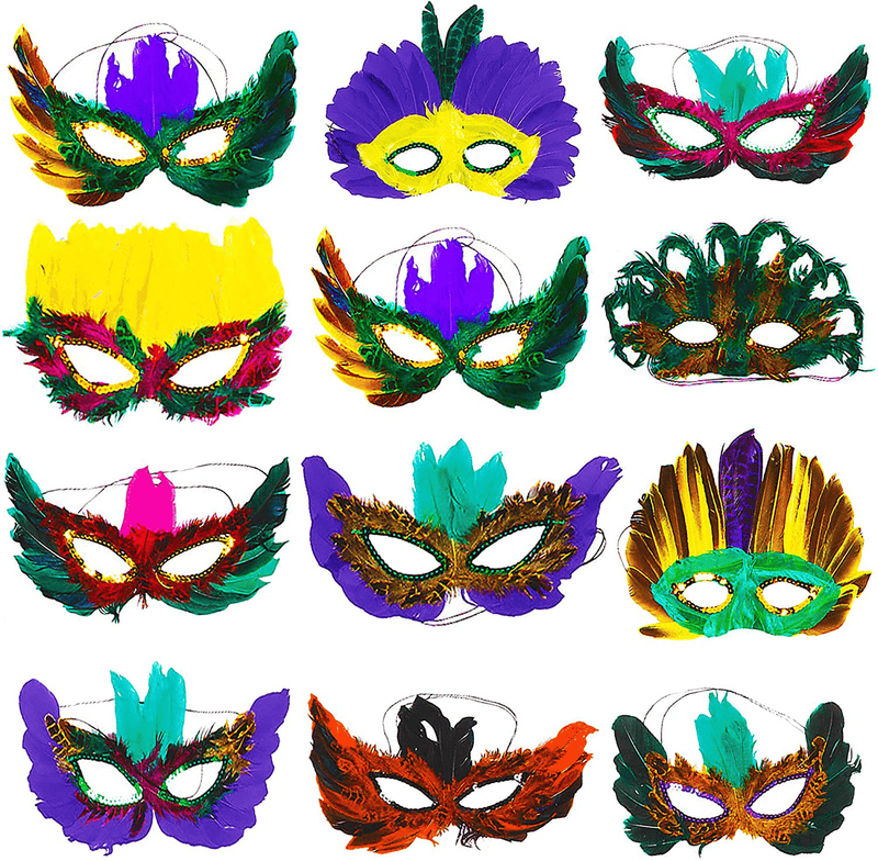 12 Mardi Gras Masks With Feathers For Adult Men Women, Costume Mask for Masquerade Festival Party Supplies Apparel & Accessories > Costumes & Accessories > Masks 4E's Novelty   