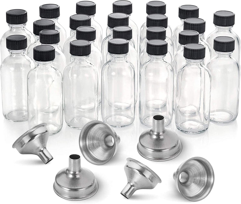 12 Pack, 2 Oz Small Clear Glass Bottles with Lids & 3 Stainless Steel Funnels - 60Ml Boston round Sample Bottles for Potion, Juice, Ginger Shots, Oils, Whiskey, Liquids - Mini Travel Bottles, NO Leakage