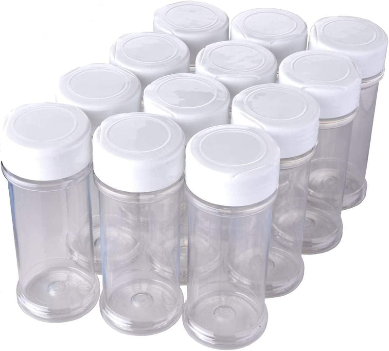 12 Pack of 6 Oz. Empty Clear Plastic Spice Bottles with White Sprinkle Top Lids for Storing and Dispensing Salt, Sweeteners and Spices - Food-Grade Spice Jars for Kitchen and Home Spice Organization
