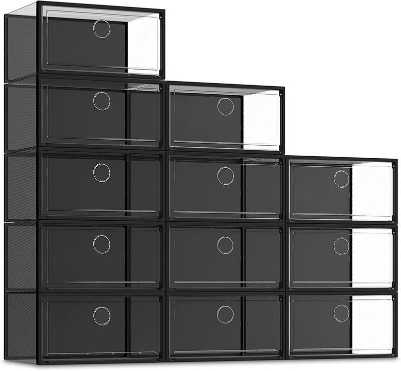 12 Pack Shoe Storage Box, Clear Plastic Stackable Shoe Organizer for Closet, X-Large Shoe Sneaker Containers Bins Holders Fit up to Size 13 (Black) Furniture > Cabinets & Storage > Armoires & Wardrobes SEE SPRING Black X-Large 