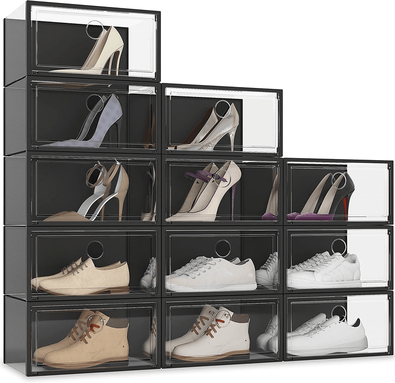 12 Pack Shoe Storage Box, Clear Plastic Stackable Shoe Organizer for Closet, X-Large Shoe Sneaker Containers Bins Holders Fit up to Size 13 (Black)