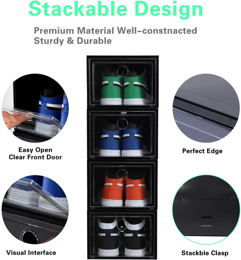 12 Pack Shoe Storage Box Shoe Box Clear Plastic Stackable Drop Front Shoe Organizer Space Saving Foldable Shoe Container Bin Fit up to US Size 12 (Black) Furniture > Cabinets & Storage > Armoires & Wardrobes MMBABY   