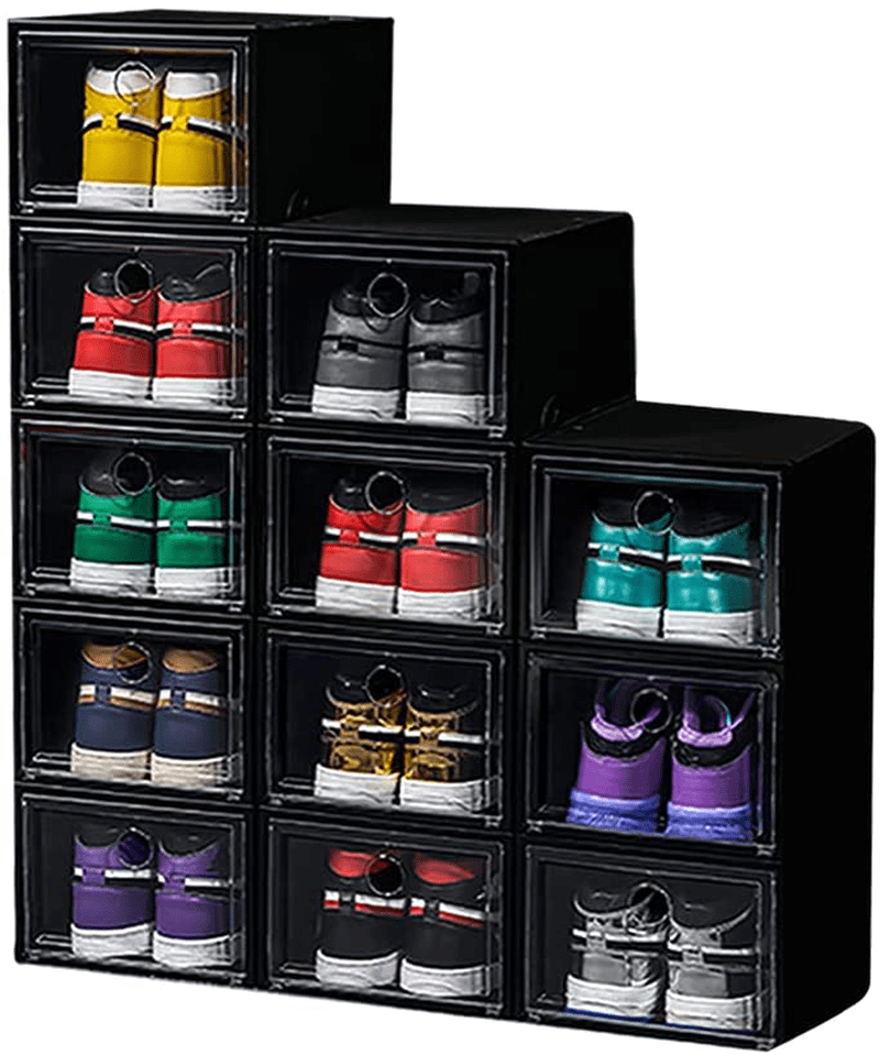 12 Pack Shoe Storage Boxes, Shoe Box Clear Plastic Stackable, Drawer Type Front Opening Shoe Holder Containers(Black) Furniture > Cabinets & Storage > Armoires & Wardrobes Mukiran home Black  