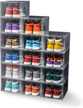 12 Pack Shoe Storage Boxes, Shoe Box Clear Plastic Stackable, Drawer Type Front Opening Shoe Holder Containers(Black)