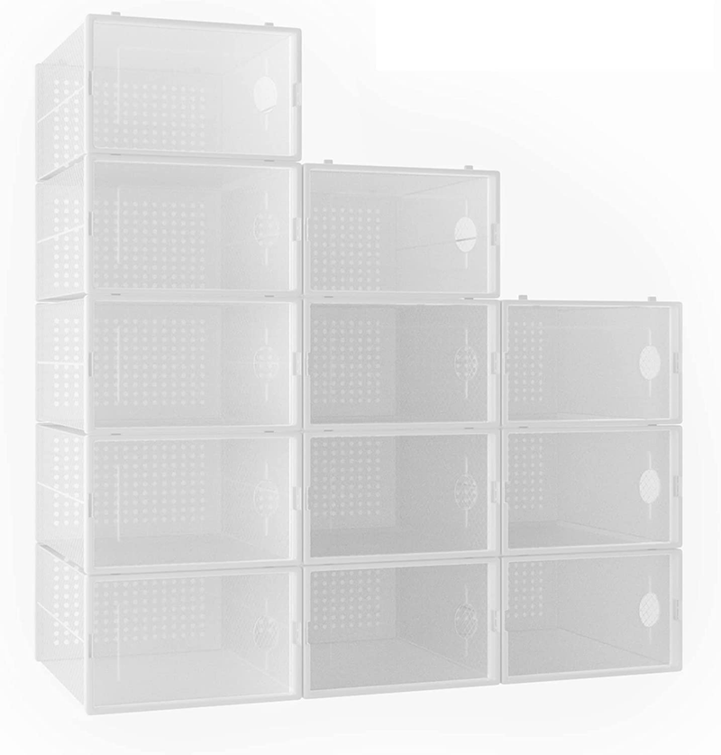 12-Pack Shoe Storage Boxes - Shoes Organizer for Closet - Clear Plastic Stackable Shoe Containers - Clear Shoe Boxes Stackable and Foldable for Sneaker Storage, Books, Toys, Tools White Furniture > Cabinets & Storage > Armoires & Wardrobes HPST White 12 pack 