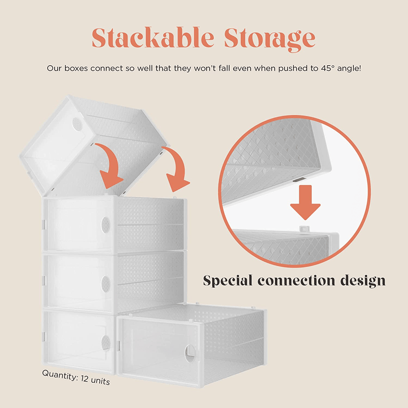 12-Pack Shoe Storage Boxes - Shoes Organizer for Closet - Clear Plastic Stackable Shoe Containers - Clear Shoe Boxes Stackable and Foldable for Sneaker Storage, Books, Toys, Tools White Furniture > Cabinets & Storage > Armoires & Wardrobes HPST   