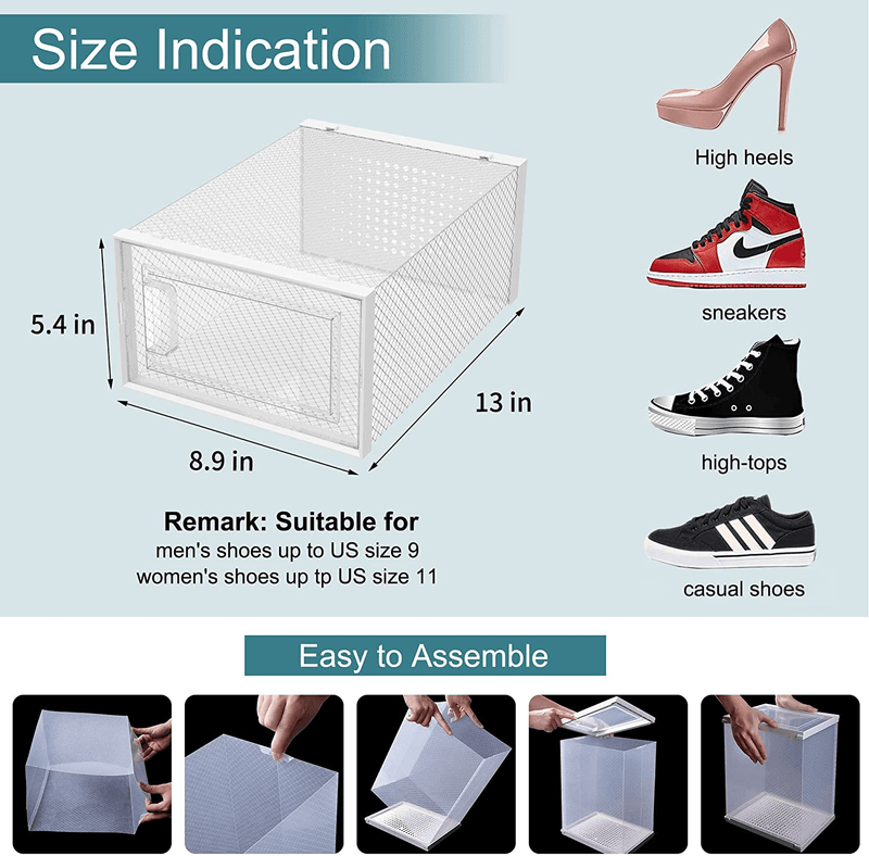 12 Pack Stackable Shoe Storage Box,Waytrim Clear Plastic Shoe Box with Lids Foldable Shoe Box Storage Containers for Sneaker Drop Front Shoe Organizer Shoe Storage Bins Fit to Women Size 11,White Furniture > Cabinets & Storage > Armoires & Wardrobes WAYTRIM   