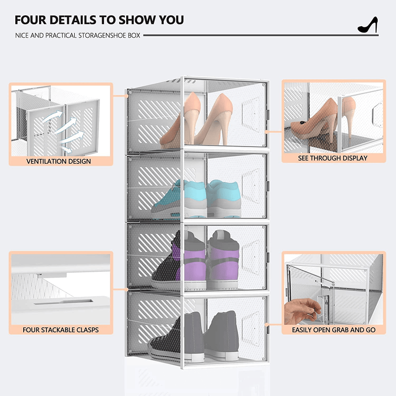 12 Pack XL Shoe Storage Boxes,Sneaker Shoe Box Clear Plastic Stackable,Space Saving Shoe Organizer for Closet,Foldable Shoe Holder with Lids Containers Bins,Fit up to Size 14 (12-PACK, X-Large Clear)