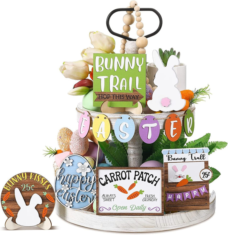 12 Pcs Easter Tiered Tray Decor Wooden Carrot Patch Bunny Egg Tiered Tray Items Happy Easter Tray Signs for Easter Spring Home Farmhouse Rustic Kitchen Decorations (Wooden Bunny)